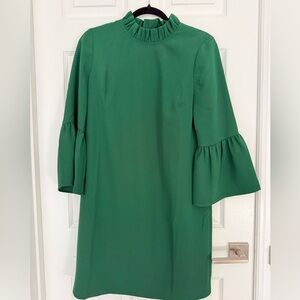 NWT J. Crew Emerald Long Sleeve Dress with ruffle neck and bell sleeves